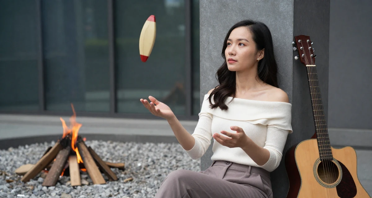 A lonely Female From Vietnam, majored in international business in their 35, juggling co-parenting and a dating life, wearing a off-the-shoulder knit top and dress pants, posing for a selfie in a campfire circle.