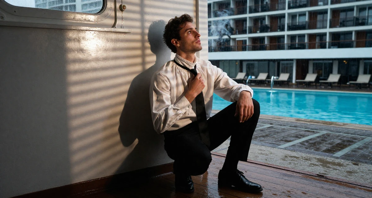 A relaxed male From Belgium, based in Ghent, graduated from a business school majoring in international marketing in their 23, managing early burnout from overcommitment, wearing a high-neck victorian style blouse and black slacks, playing with a tie in a ferry deck.