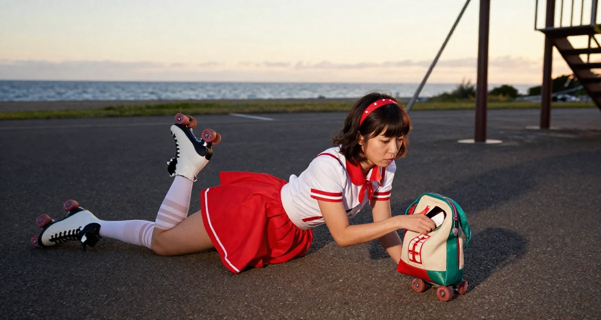 A confused Female From Japan, majored in information systems in their 33, documenting a cross-country road trip, wearing a retro 50s diner waitress uniform with roller skates, reaching into a bag in a school playground.