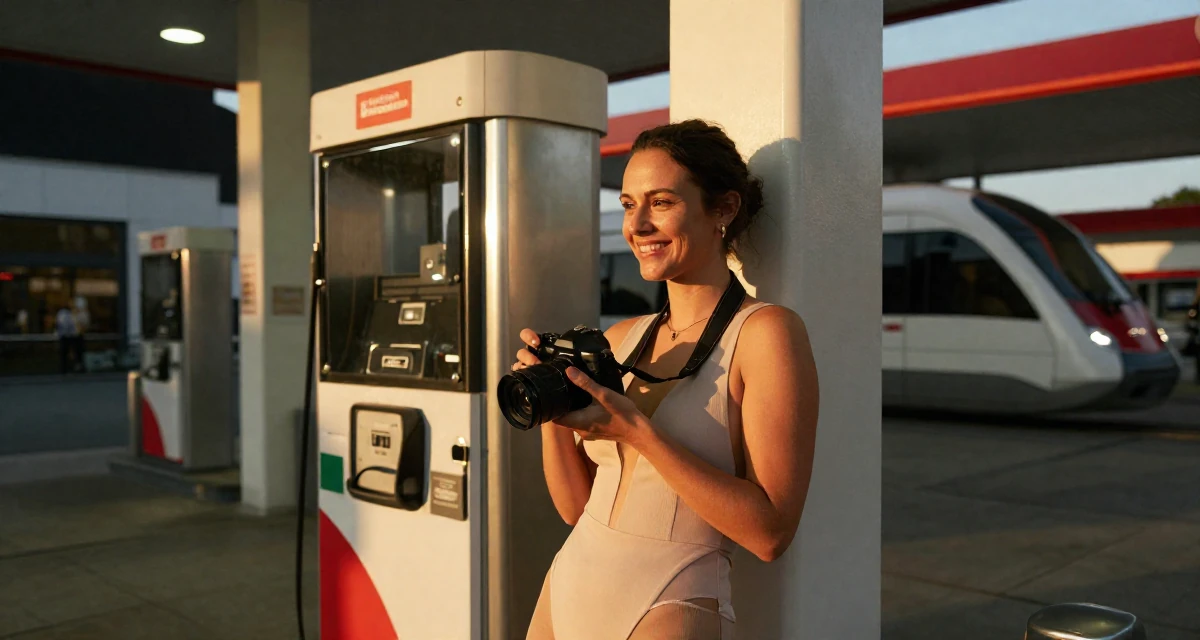A positive Female From Salzburg Austria, practiced soft-aesthetic lifestyle content in their 30, planning a dream wedding on a budget, wearing a sleeveless bodysuit with deep armholes, holding a camera in a gas station at night.