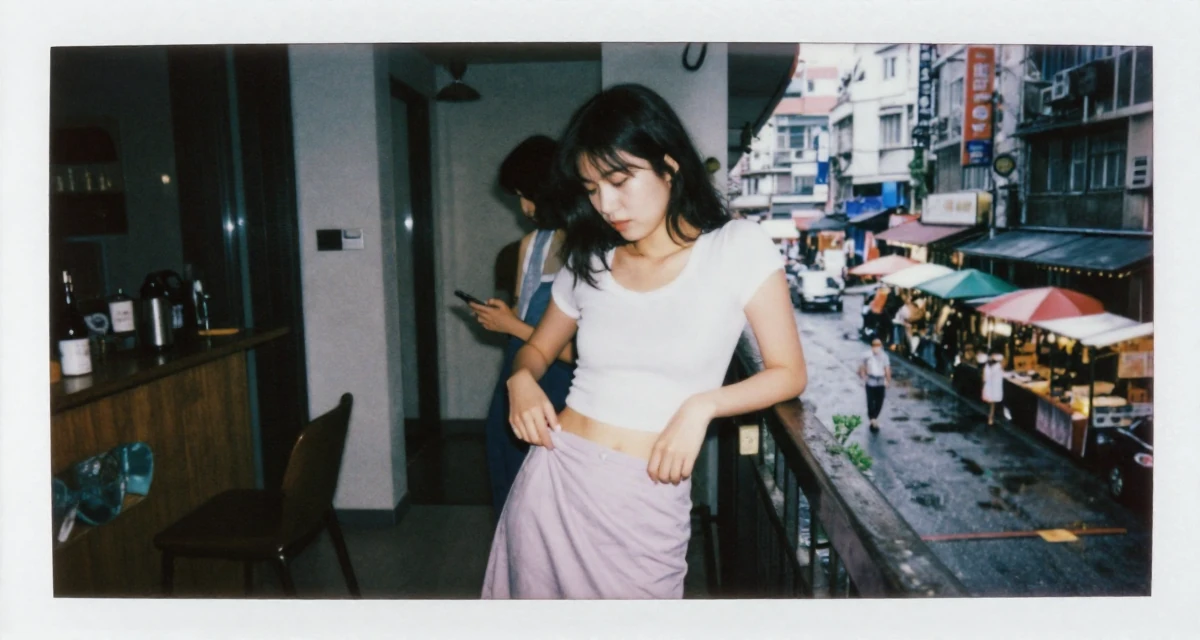 A fragile Female Previously a bartender, now expressing nightlife energy through content in their 21, struggling to disconnect from social media, wearing a soft pastel-colored ensemble, fixing the hem of a skirt in a modern apartment.