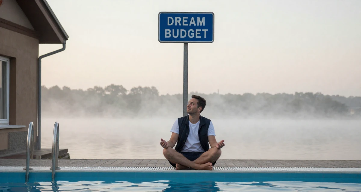 A smiling gently male From Warsaw Poland, trained in expressive acting for camera work in their 30, planning a dream wedding on a budget, wearing a casual vest and t-shirt layer, looking at a street sign in a swimming pool.