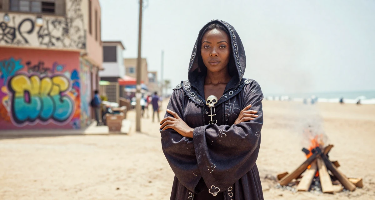 A confident Female From Lagos Nigeria, majored in digital marketing in their 23, balancing risk-taking with stability needs, wearing a dark fantasy necromancer robe with skull motifs, smoothing out clothes in a urban street.