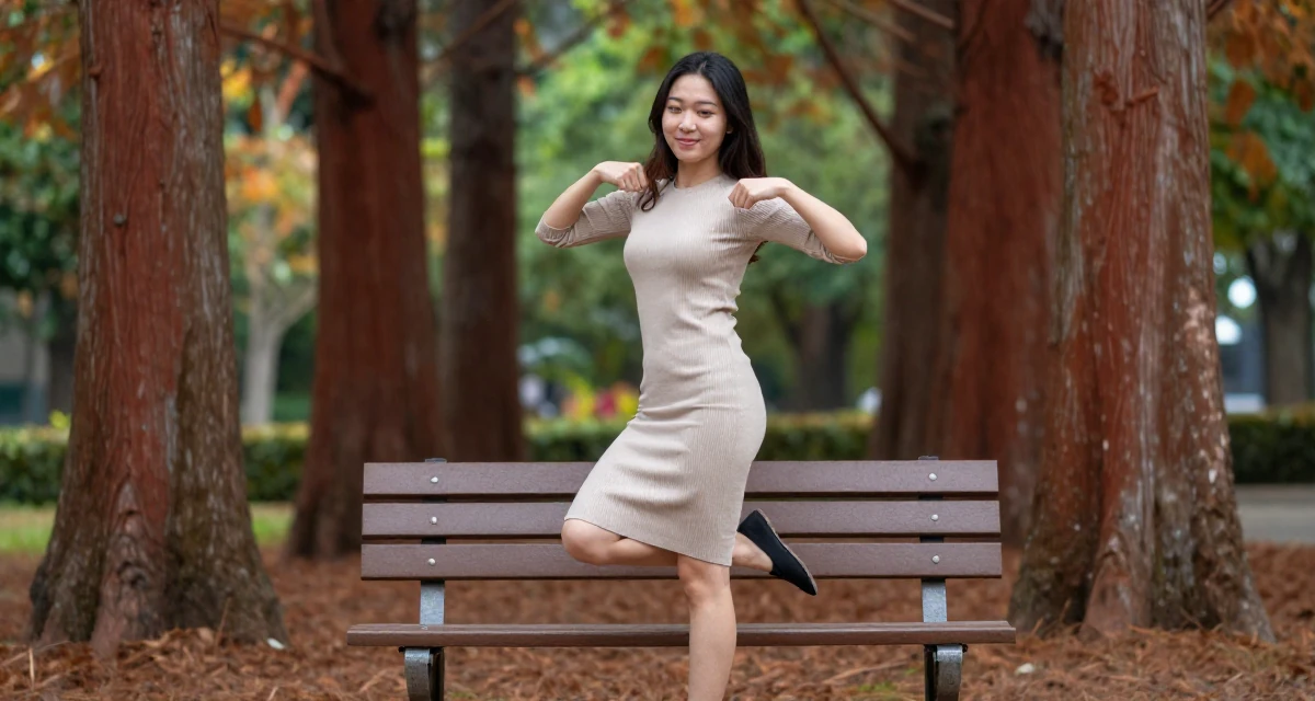 A amused Female From Taiwan, studied visual communication design in their 25, becoming more selective with fan interactions, wearing a fitted ribbed dress, adjusting sleeves in a park bench.