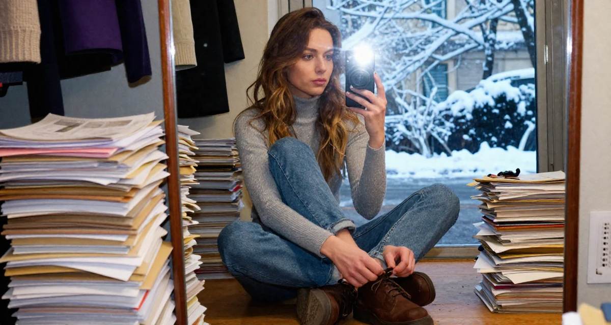 A subtly confident Female From Lyon France, learned couture aesthetics and editorial styling in their 25, building confidence through small achievements, wearing a retro 90s casual vibe, tying a shoelace in a neon-lit street.