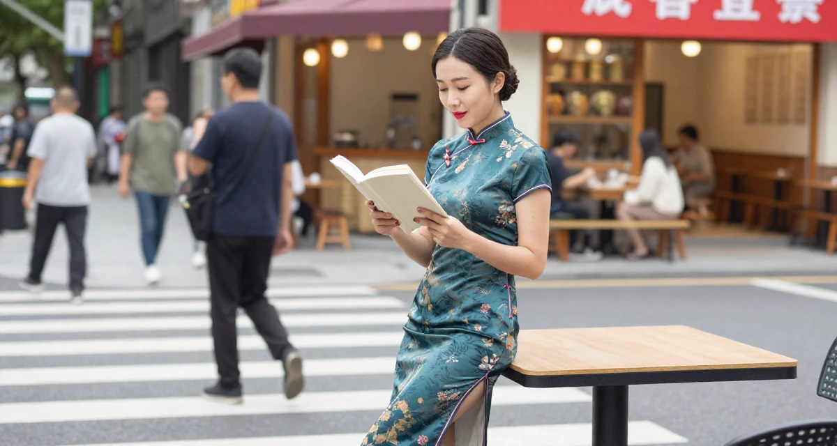 A playful Female From Wuhan China, studied marketing and communications in their 25, feeling established in their chosen field, wearing a Chinese qipao (cheongsam) modified with a high slit, reading a book intently in a busy crosswalk.