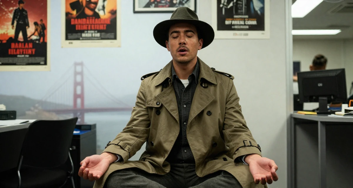 A eager male From New Zealand, based in Auckland, graduated from an arts college majoring in emotional performance art in their 45, focusing on mental clarity and meditation, wearing a detective trench coat and fedora hat, rolling up sleeves in a high-rise office building.