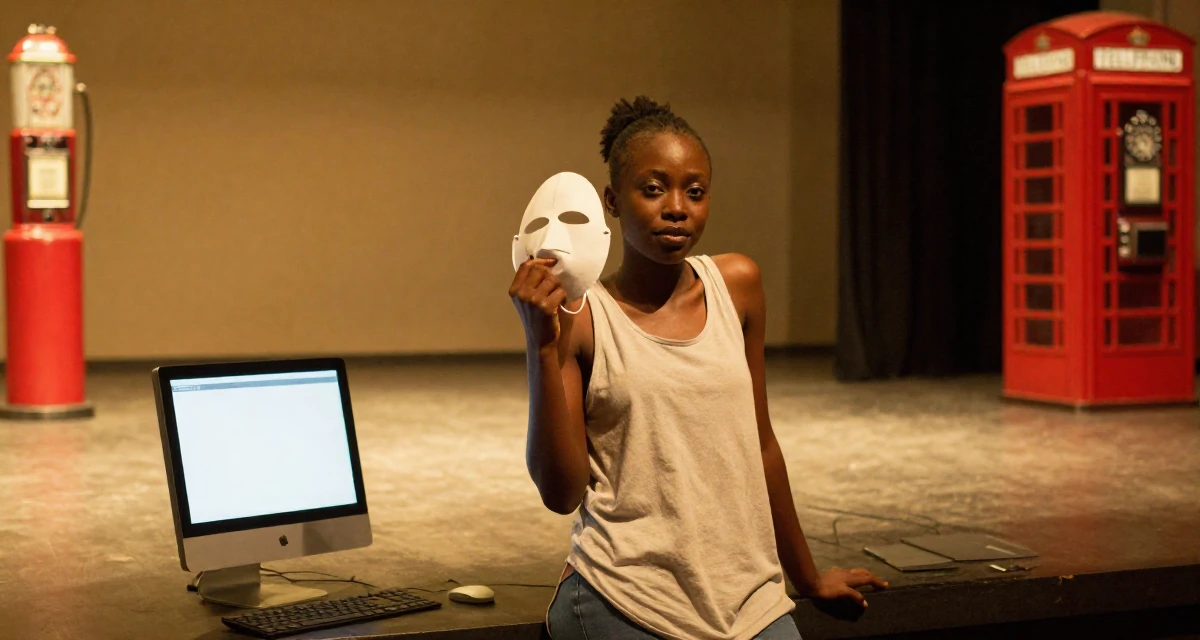 A resilient Female From Nigeria, studied biomedical science in their 24, exploring side hustles to supplement income, wearing a loose tank top with deep side cuts, holding a mask (cosplay/prop) in a empty theater stage.