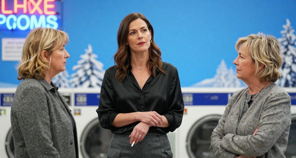 A unbothered Female From UK, studied law at a prestigious university in their 40, navigating the balance of career and aging parents, wearing a black silk blouse slightly unbuttoned and a grey skirt, holding a cigarette (lit or unlit) in a laundromat with neon signs.