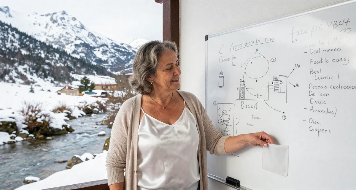 A carefree Female From Brazil, majored in sociology in their 48, grandmother sharing joy and family recipes, wearing a white silk camisole and a beige cardigan, reaching for a pocket in a snowy mountain peak.