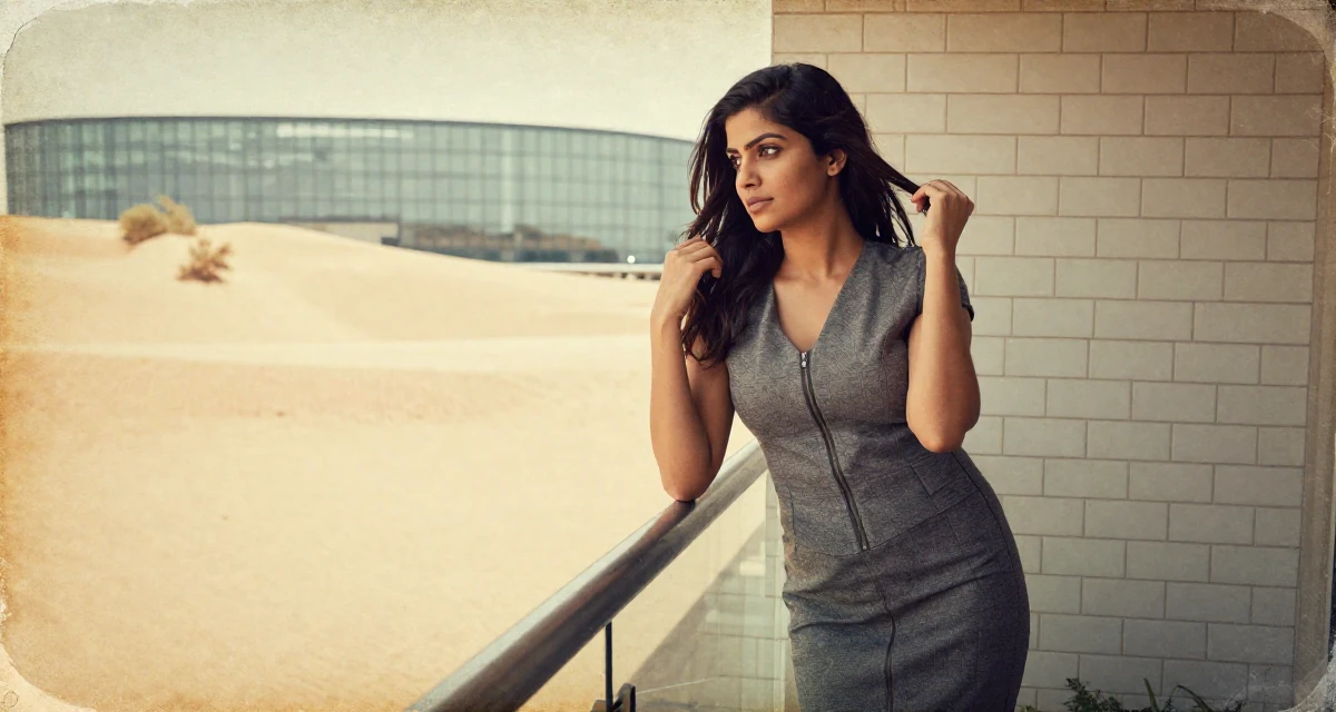 A zoned out Female From India, based in Bangalore, graduated from a technical institute majoring in information systems in their 33, expert in productivity and time management, wearing a pencil skirt with a zipper detail, fixing a loose strand of hair in a desert sand dunes.