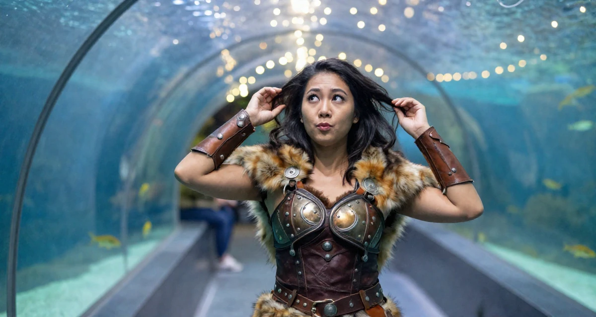 A playful Female From Indonesia, majored in visual communication in their 36, building a community for working moms, wearing a viking shield-maiden outfit with fur and leather, retouching hair volume in a aquarium tunnel.