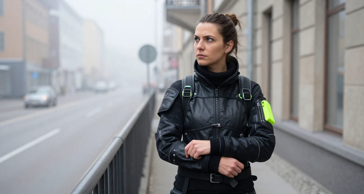 A judgemental Female From Sweden, studied sociology in their 25, thinking about long-term investments, wearing a cyberpunk street samurai gear with neon accents, fixing a cufflink in a city sidewalk.