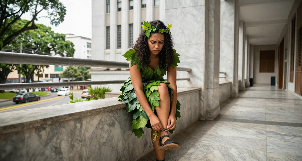 A tense Female From Brazil, studied architecture and urban planning in their 24, hiding stress behind carefully curated posts, wearing a forest dryad costume made of leaves and vines, taking a deep breath in a university campus.