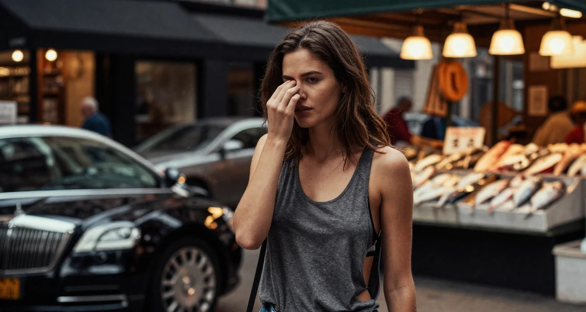 A moody Female Once a babysitter, now documenting grown-up self-expression in their 22, managing multiple social platforms for promotion, wearing a loose tank top with deep side cuts, rubbing eyes in a urban street.
