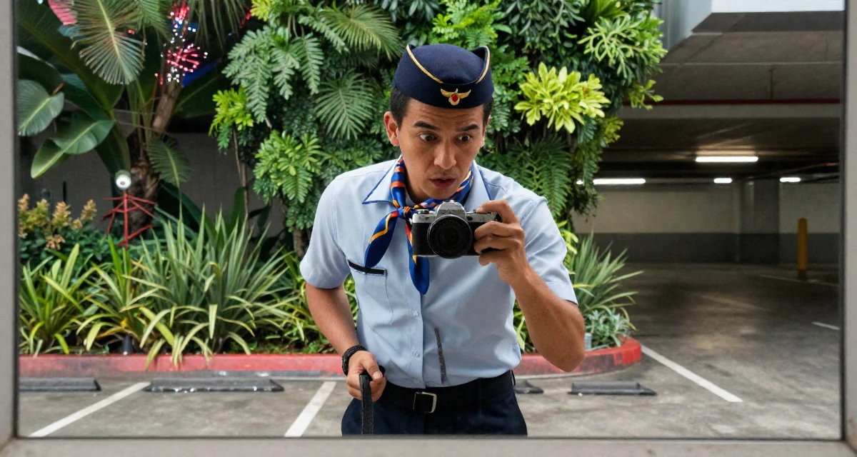 A stunned male From Brisbane Australia, majored in physiotherapy in their 25, learning to batch-shoot to save time, wearing a flight attendant uniform with a silk scarf, holding a leash in a underground parking garage.