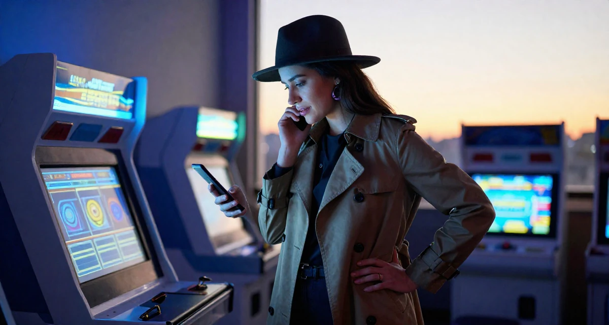 A patient Female Once an art school dropout, now a self-taught creator with signature style in their 32, advocating for work-life boundaries, wearing a detective trench coat and fedora hat, putting on earrings in a arcade room with neon lights.