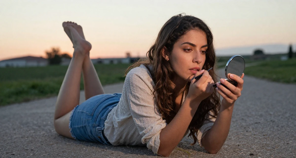 A assertive Female Born in Greece, majored in content creation & storytelling in their 24, learning how to set boundaries in private messages, wearing a light and airy spring attire, checking makeup in a compact mirror in a zoo pathway.