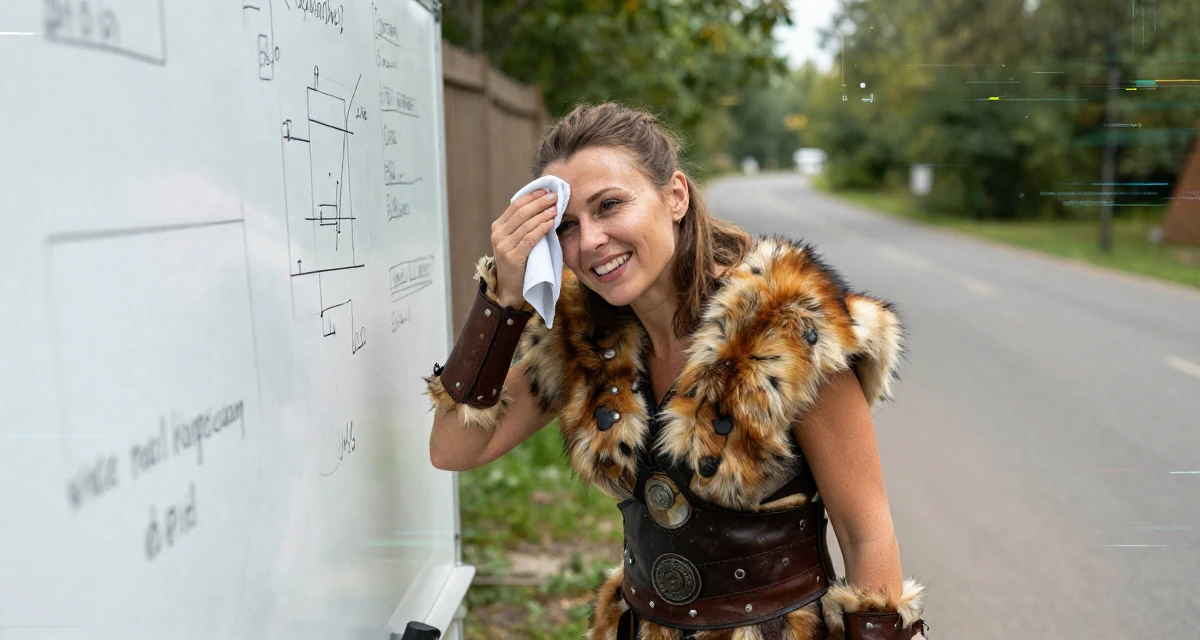 A upbeat Female From Russia, studied digital media at a vocational school in their 40, embracing natural beauty and self-acceptance, wearing a barbarian warrior outfit with faux fur and leather, wiping sweat from the brow in a zoo pathway.