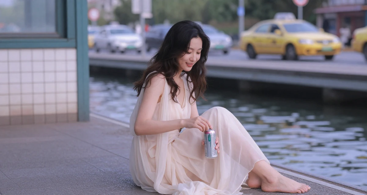 A warmhearted Female Previously a chemistry student, now shooting artistic self-portrait content in their 49, focusing on spiritual growth and grounding, wearing a ethereal spirit dress made of flowing sheer chiffon, opening a soda can in a serene lakeside dock.