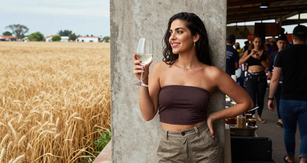 A victorious Female From Buenos Aires Argentina, trained in tango and partner flow in their 23, exploring flirty aesthetics while staying within comfort zones, wearing a strapless tube top and cargo pants, holding a wine glass by the stem in a bustling market.