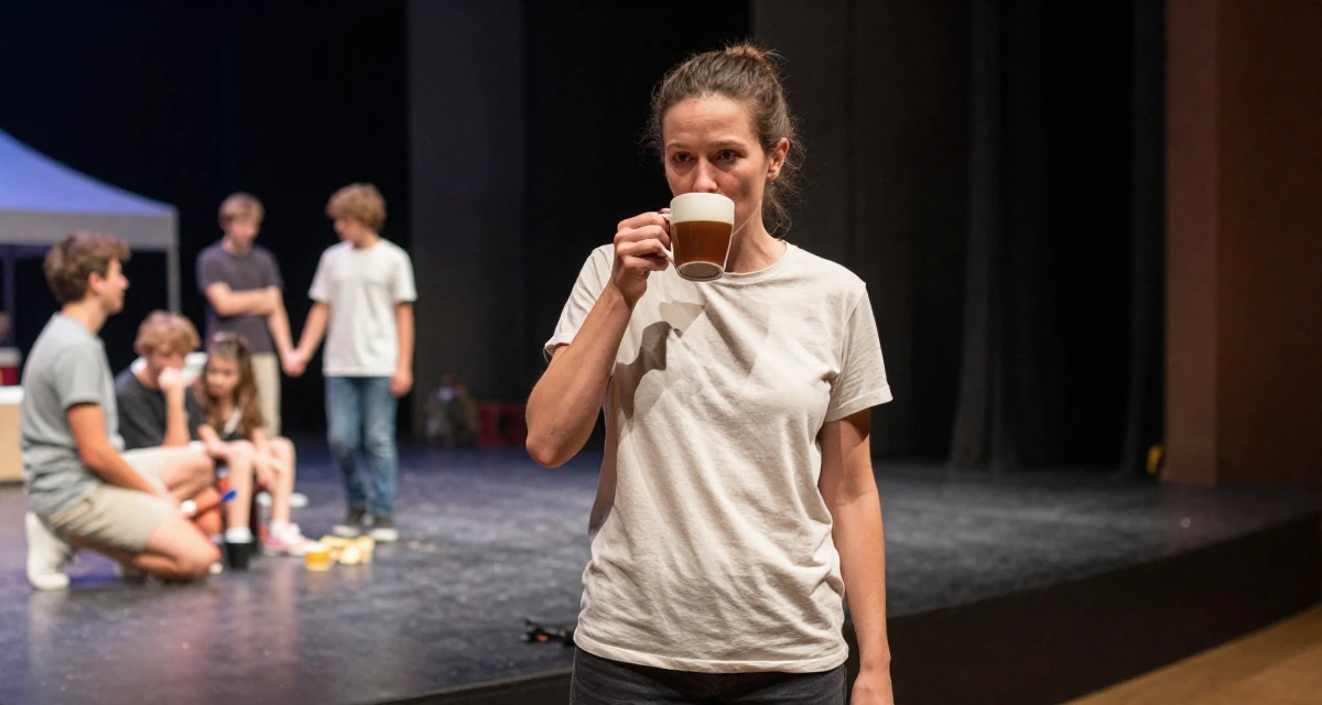 A timid Female Former veterinary assistant, now sharing soft pet-inclusive content in their 46, running a household with teens, wearing a soft organic cotton clothing, sipping a warm drink in a theater stage.