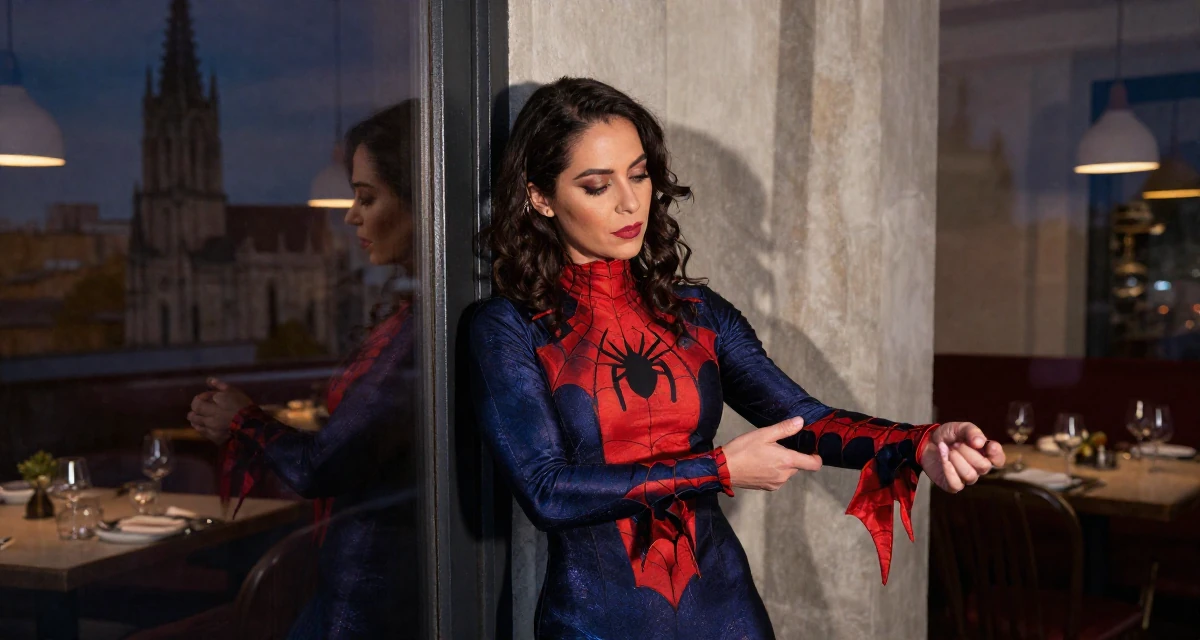 A nostalgic Female From Paraguay, majored in accounting in their 38, focused on longevity and holistic wellness, wearing a spider-themed villainess suit, adjusting sleeves in a high-end restaurant.