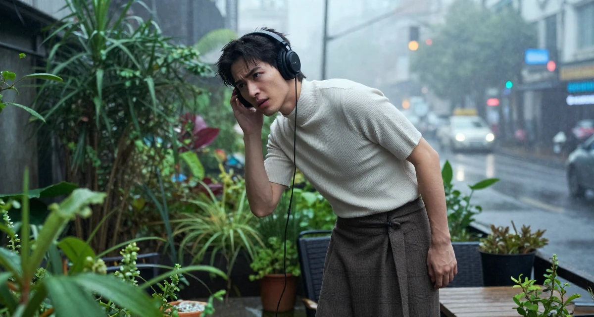 A tense male Once a violin student, now sharing aesthetic performance clips in their 27, embracing natural beauty and minimalism, wearing a ribbed mock neck top and a long wool skirt, listening to music with headphones in a garden patio.