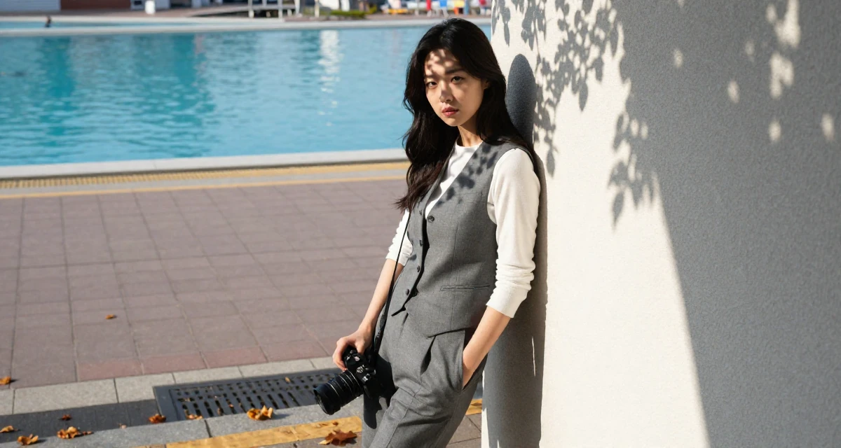 A assertive Female From South Korea, based in Busan, graduated from a design institute majoring in visual communication in their 22, missing the freedom of student days, wearing a grey vest and matching trousers outfit, holding a camera in a pedestrian plaza.