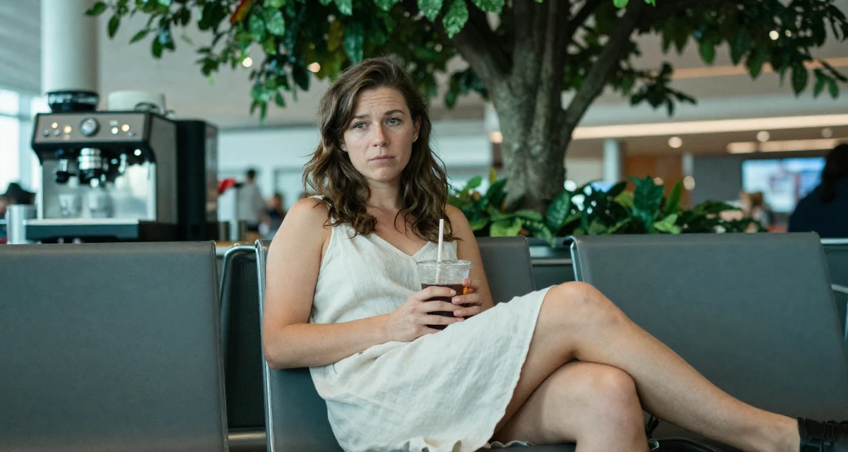 A mysterious Female From Canada, based in Vancouver, graduated from an arts institute majoring in creative media in their 27, recovering from hustle culture fatigue, wearing a airy cotton dress for summer, holding a cold drink in a airport departure lounge.