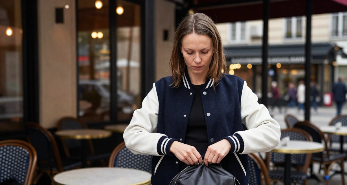 A sophisticated Female From Estonia, based in Tartu, graduated from a state university majoring in digital culture in their 30, trying to escape corporate burnout, wearing a casual varsity jacket look, zipping up a bag in a yoga studio.