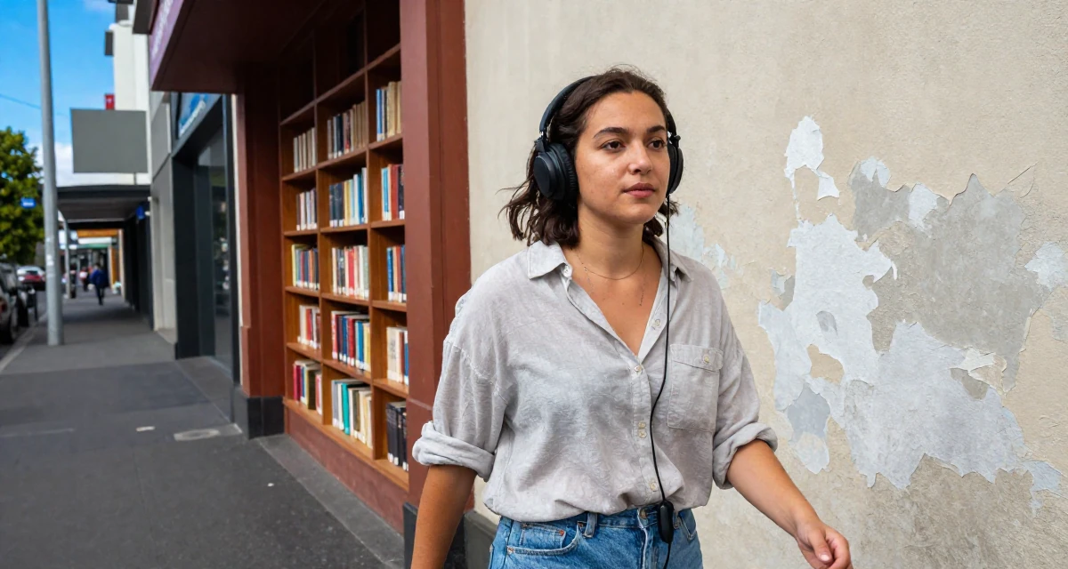 A composed Female From Auckland New Zealand, studied animation in their 22, forming connections with potential collaborators, wearing a relaxed vacation shirt, listening to music with headphones in a city sidewalk.
