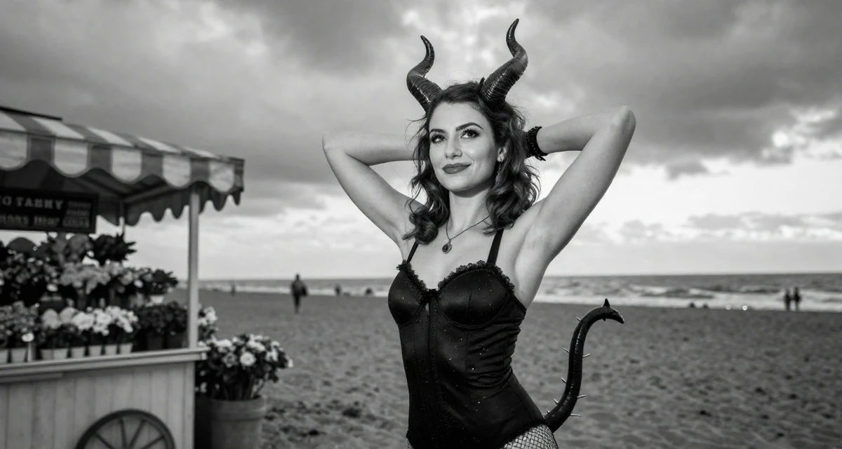 A amused Female From Canada, holds a degree in accounting in their 26, cutting off toxic relationships and habits, wearing a demon girl outfit with horns and a spiked tail, pushing hair from face in a sunset beach.