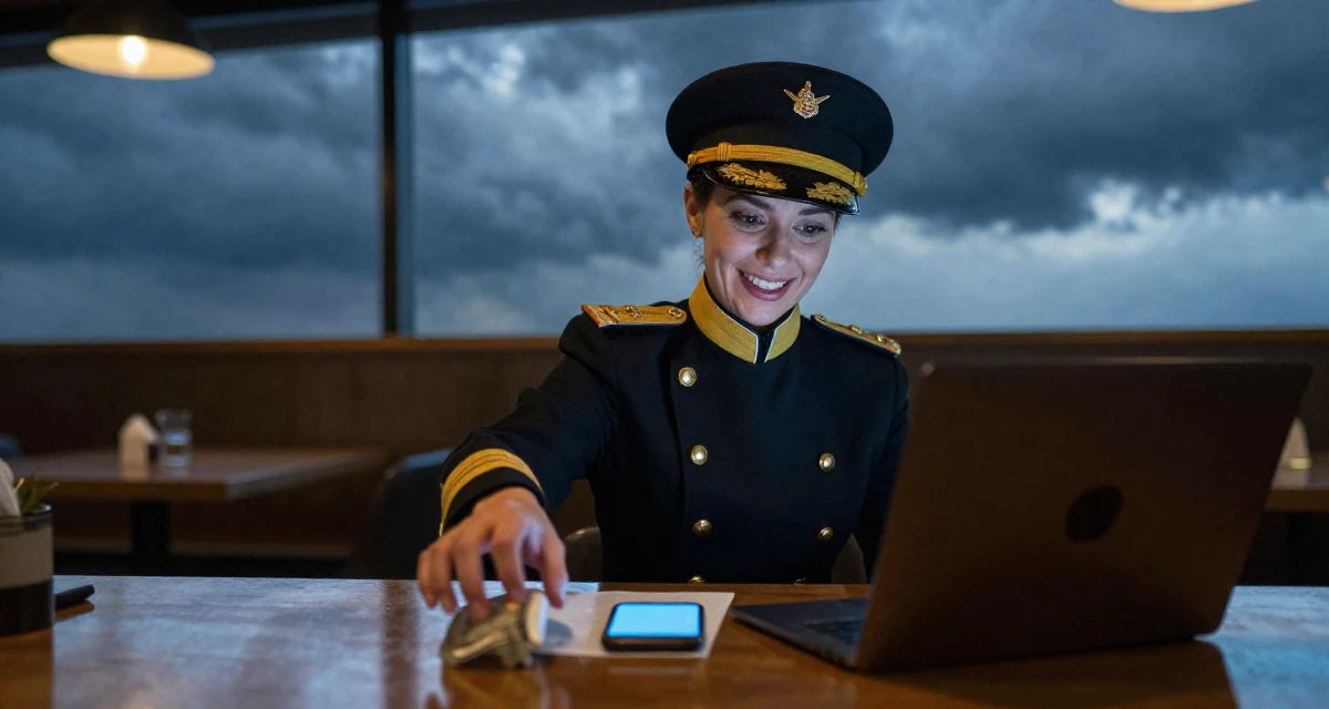 A anxious but excited Female Former receptionist at a spa, now blending wellness with creator content in their 39, reflecting on a decade of professional growth, wearing a imperial officer uniform with a peaked cap, laughing softly in a cozy café.