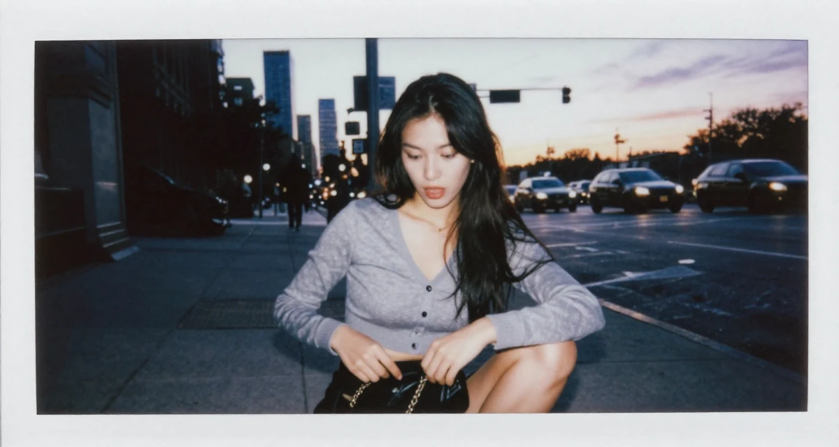 A surprised Female Previously a music major, now offering exclusive performance clips in their 25, developing discipline through daily habits, wearing a cropped cardigan with only one button fastened, closing a bag in a city sidewalk.