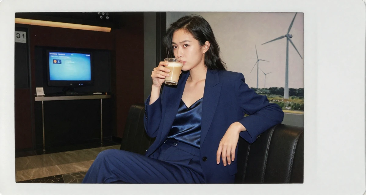 A indifferent Female Raised in Vietnam, studied digital illustration in their 22, scheduling posts to reduce last-minute stress, wearing a crisp navy blue blazer over a silk camisole and trousers, sipping a latte in a cinema entrance.