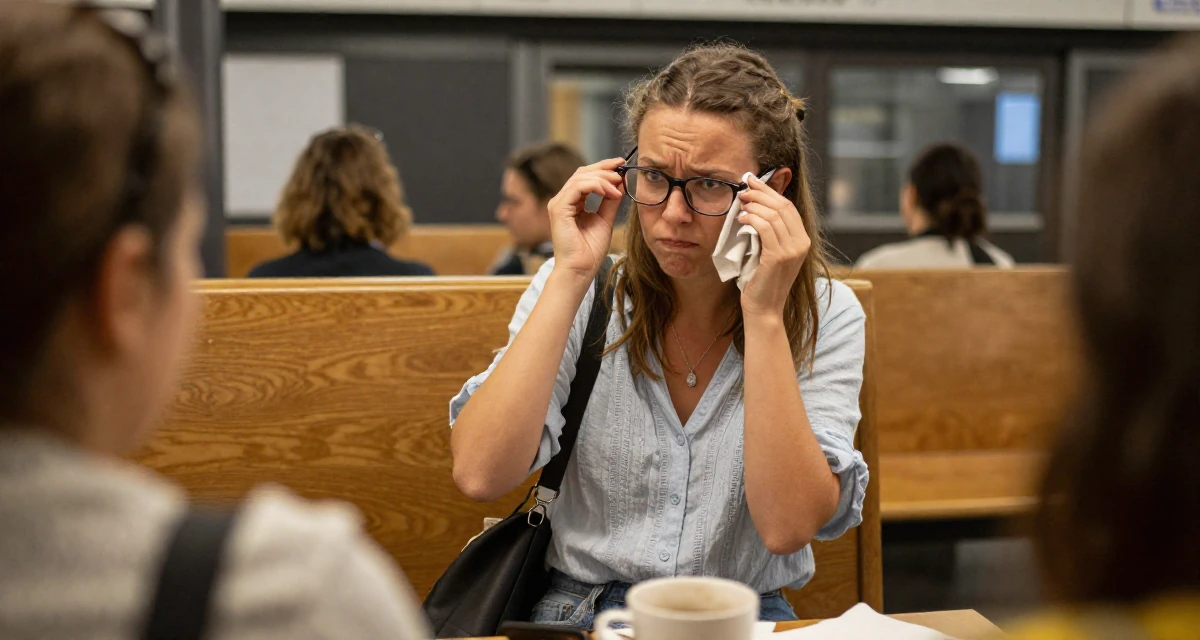 A pouting Female From Munich Germany, studied mechanical engineering in their 23, realizing that friendships require hard work, wearing a breezy summer vacation outfit, cleaning glasses with a cloth in a subway station.