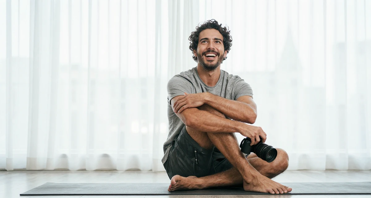 A enthusiastic male From Chile, majored in astronomy in their 35, enjoying a peak physical and mental state, wearing a relaxed streetwear, holding a camera in a yoga studio.