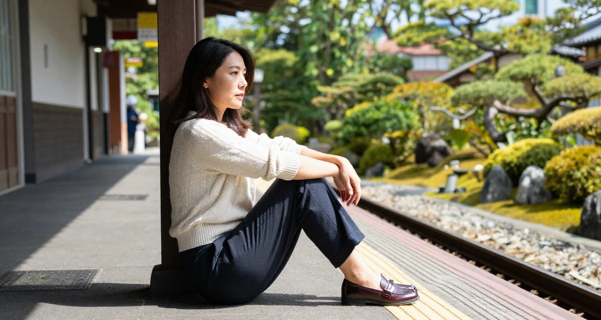 A introspective Female From Cebu Philippines, majored in nursing in their 34, wearing success like a second skin, wearing a polished loafer and trousers look, pulling a sweater sleeves over hands in a subway platform.