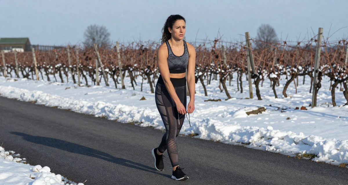 A worried Female From Denmark, majored in data analytics in their 30, recovering workaholic learning to relax, wearing a sheer paneled leggings and a sports crop top, tying a shoelace in a pedestrian plaza.