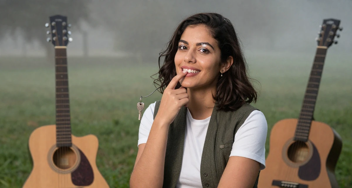 A warm Female From Israel, has a background in tech startups in their 25, setting long-term goals for subscriptions and renewals, wearing a casual vest and t-shirt layer, holding a set of keys in a quiet park.