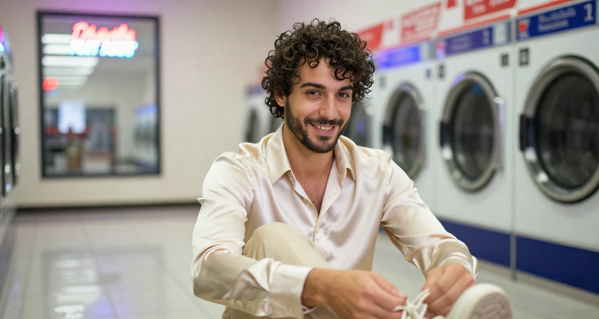 A friendly and approachable male From Italy, majored in photography and visual arts in their 30, planning a dream wedding on a budget, wearing a satin button-up shirt in champagne color, tying a shoelace in a laundromat with neon signs.