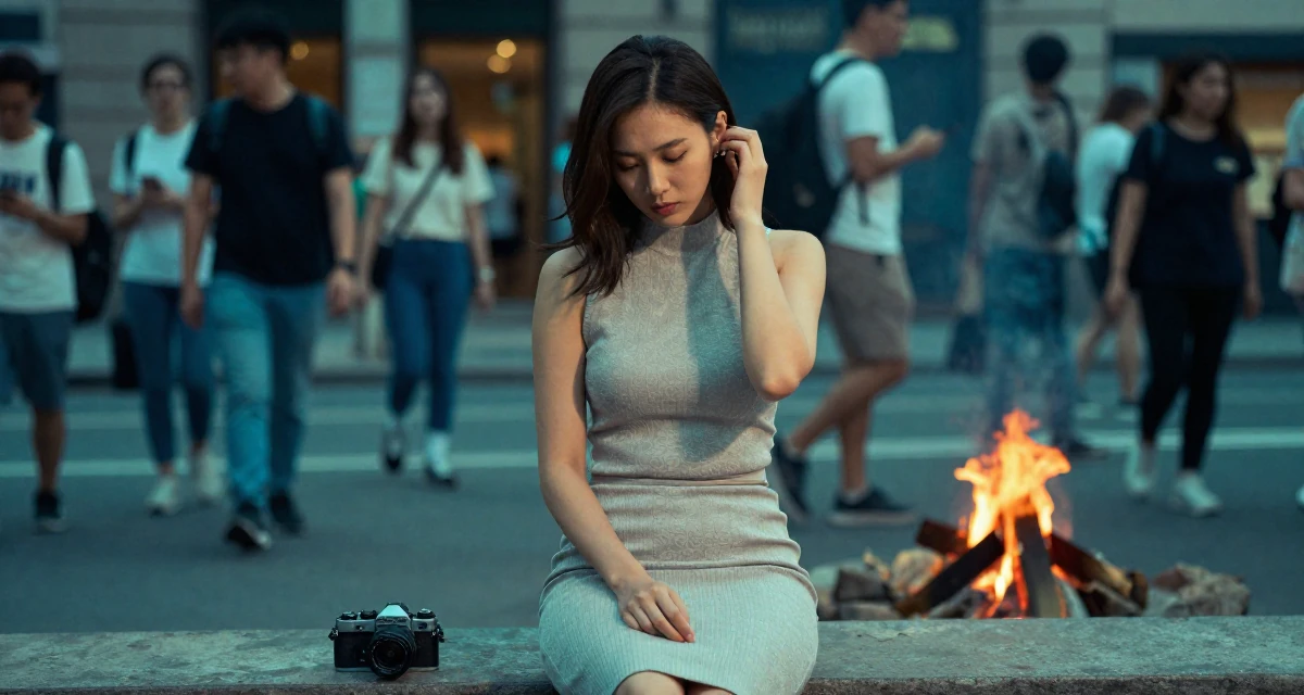 A lonely Female Former accountant in her 30s, now creating fitness-driven fan content in their 20, navigating the chaos of freshman year university life, wearing a mock neck sleeveless top and a pencil skirt, resting a hand on the forehead in a bustling city street.