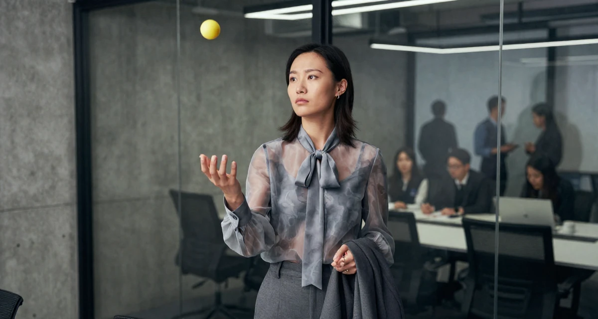 A unimpressed Female From China, holds a degree in human resource management in their 23, juggling sensual creativity with real-life responsibilities, wearing a sheer chiffon blouse with a bow tie neck and slacks, playing with a ring in a glass-walled conference room.