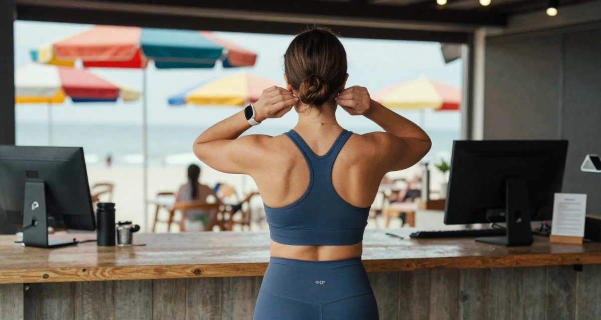 A indifferent Female Raised in Poland, majored in entrepreneurship studies in their 24, facing pressure to reinvent the brand constantly, wearing a form-fitting athletic set with a sports bra and leggings, putting on earrings in a tv set.