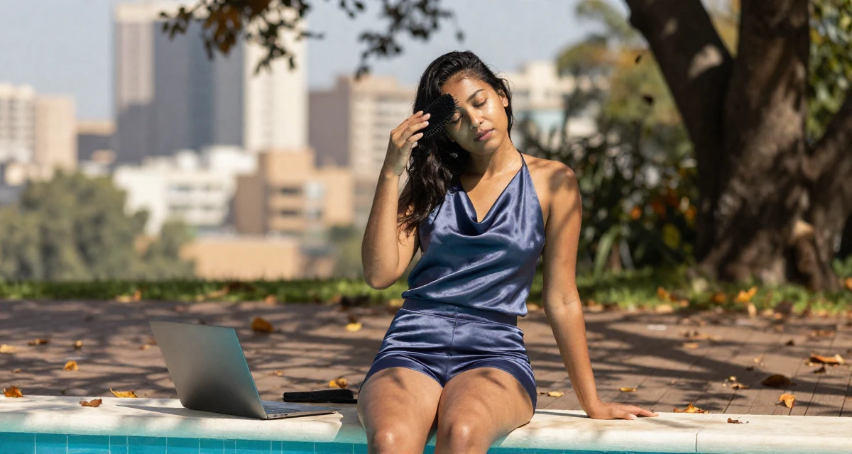 A lazy Female From Johannesburg South Africa, majored in sport management in their 27, investing in equipment instead of vacations, wearing a satin cowl neck top and tailored shorts, brushing hair away from the face in a swimming pool deck.
