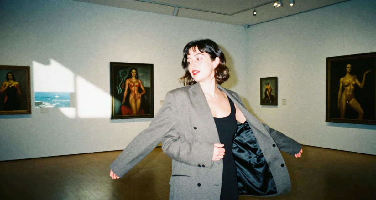 A harmonious Female From Montreal Canada, studied erotic art history and creative expression in their 28, realizing rebranding is emotionally draining, wearing a oversized blazer draped over the shoulders, waiting for a taxi in a art gallery hall.