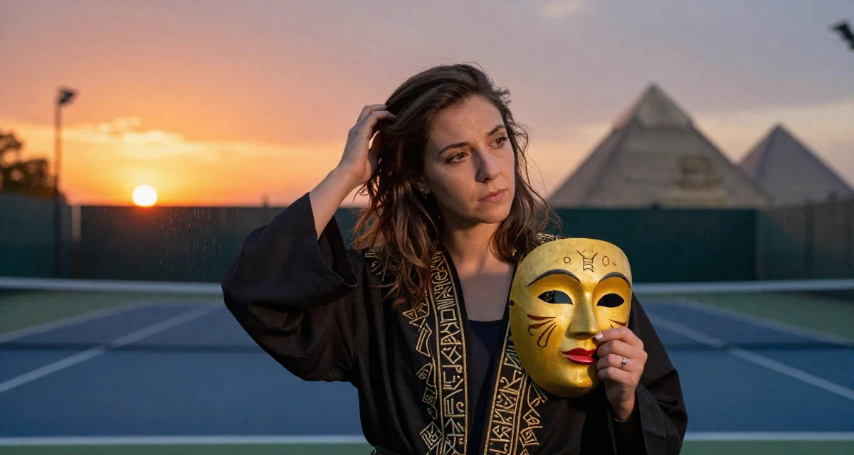 A composed Female From Argentina, studied digital marketing in their 27, learning that passion doesn’t protect you from stress, wearing a cultist robe with mysterious rune embroidery, holding a mask (cosplay/prop) in a tennis court.