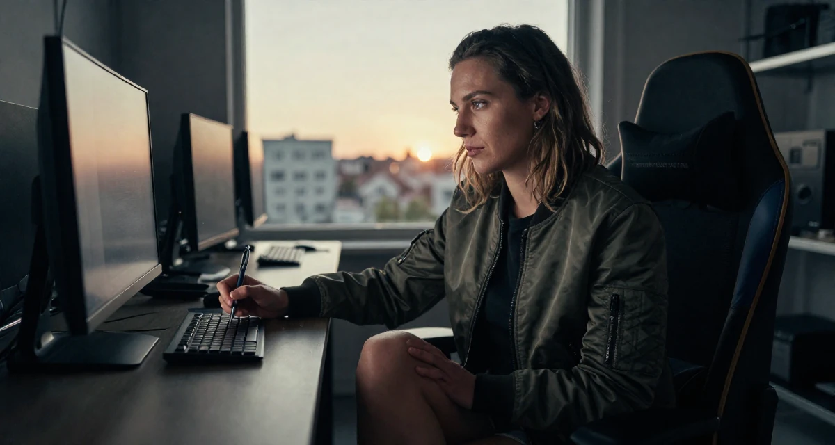 A assured Female From Finland, studied graphic design and branding in their 31, digital nomad setting up a base in a new city, wearing a classic bomber jacket style, holding a pen poised to write in a gaming room.