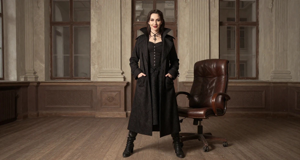 A quietly happy Female From Russia, studied digital media at a vocational school in their 38, expert in vintage fashion and thrifting, wearing a gothic vampire hunter outfit with a long coat, putting hands in pockets in a yoga studio.